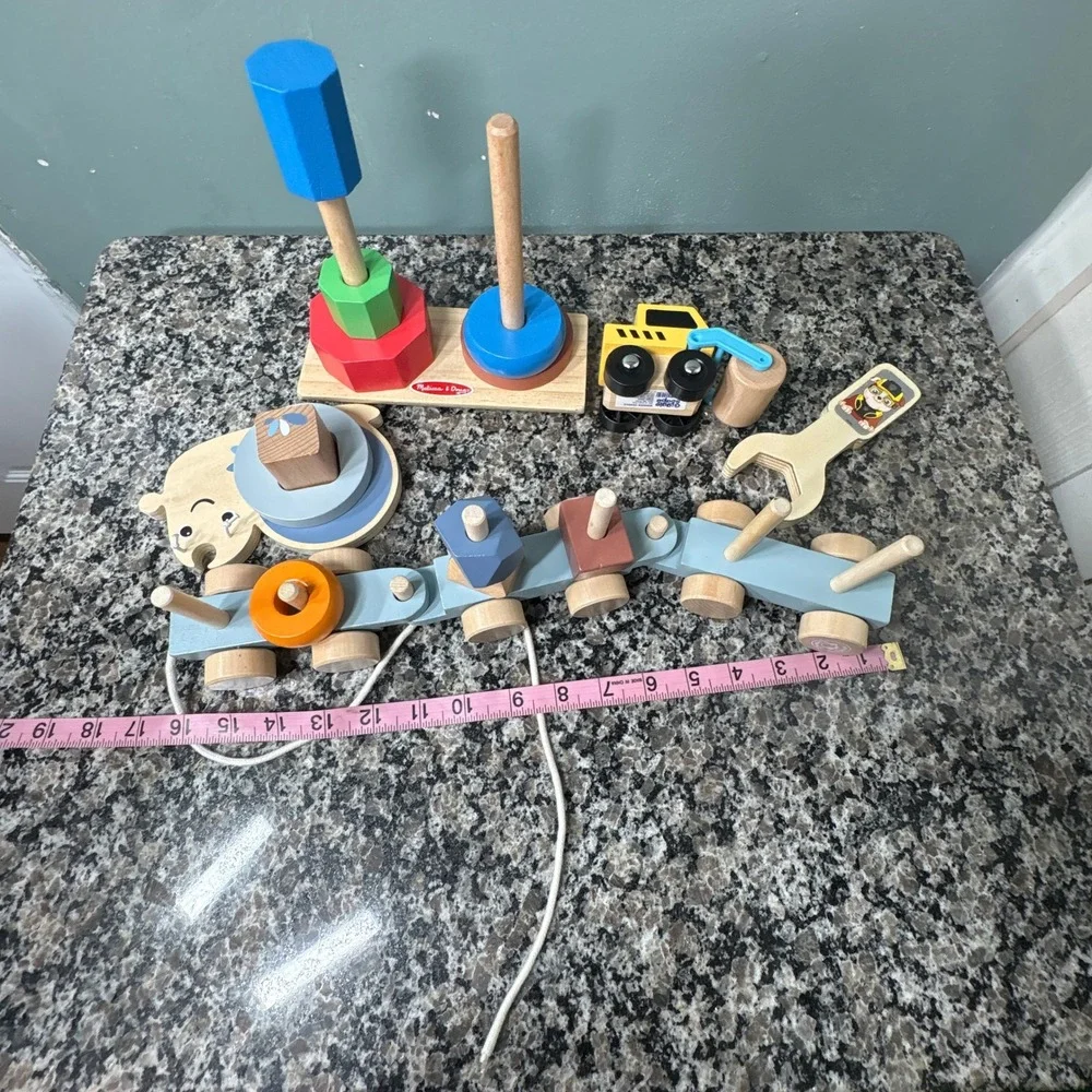 Melissa & Doug Speedy Monkey Wooden Toy Bundle Train Stacker Steamroller Snail